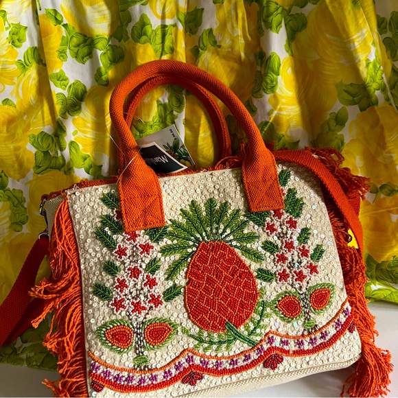 Viral Beaded Cream & Orange Pineapple Tote Bag w/ Fringe